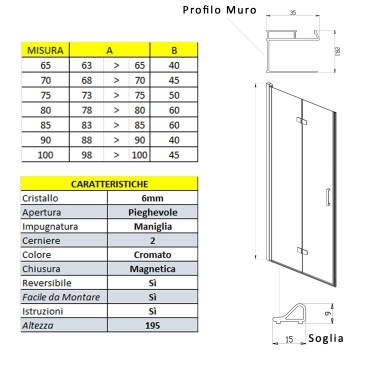 Porta doccia pieghevole nicchia soffietto H195 anticalcare REA
