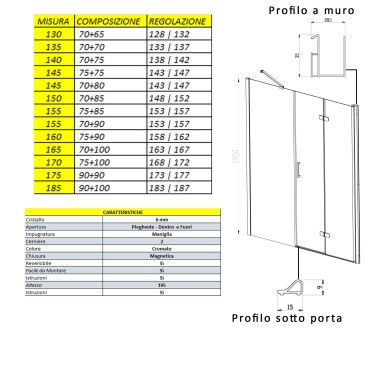 Porta doccia pieghevole soffietto con una parete fissa H195 REA