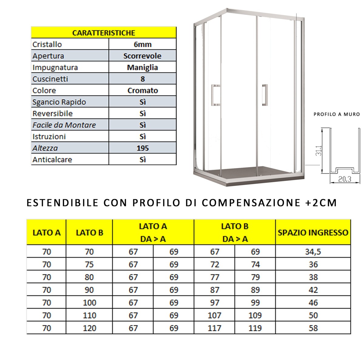 Box doccia 2 lati apertura scorrevole H195 anticalcare ADRY