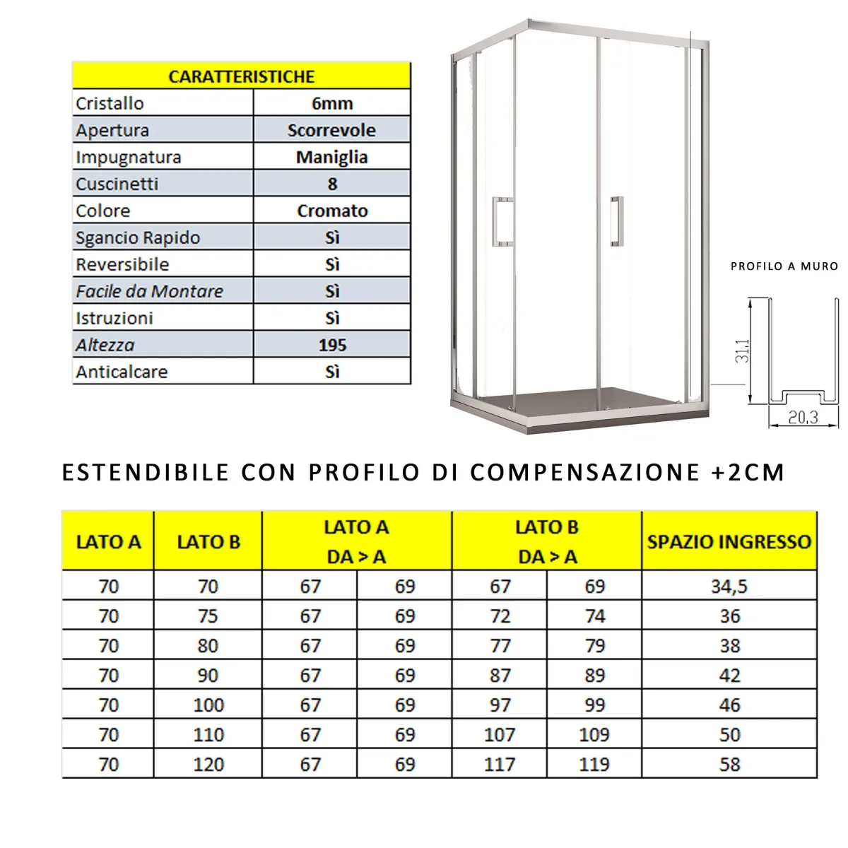 Porte battante anticalcaire ADRY H195 Paroi de douche 2 faces