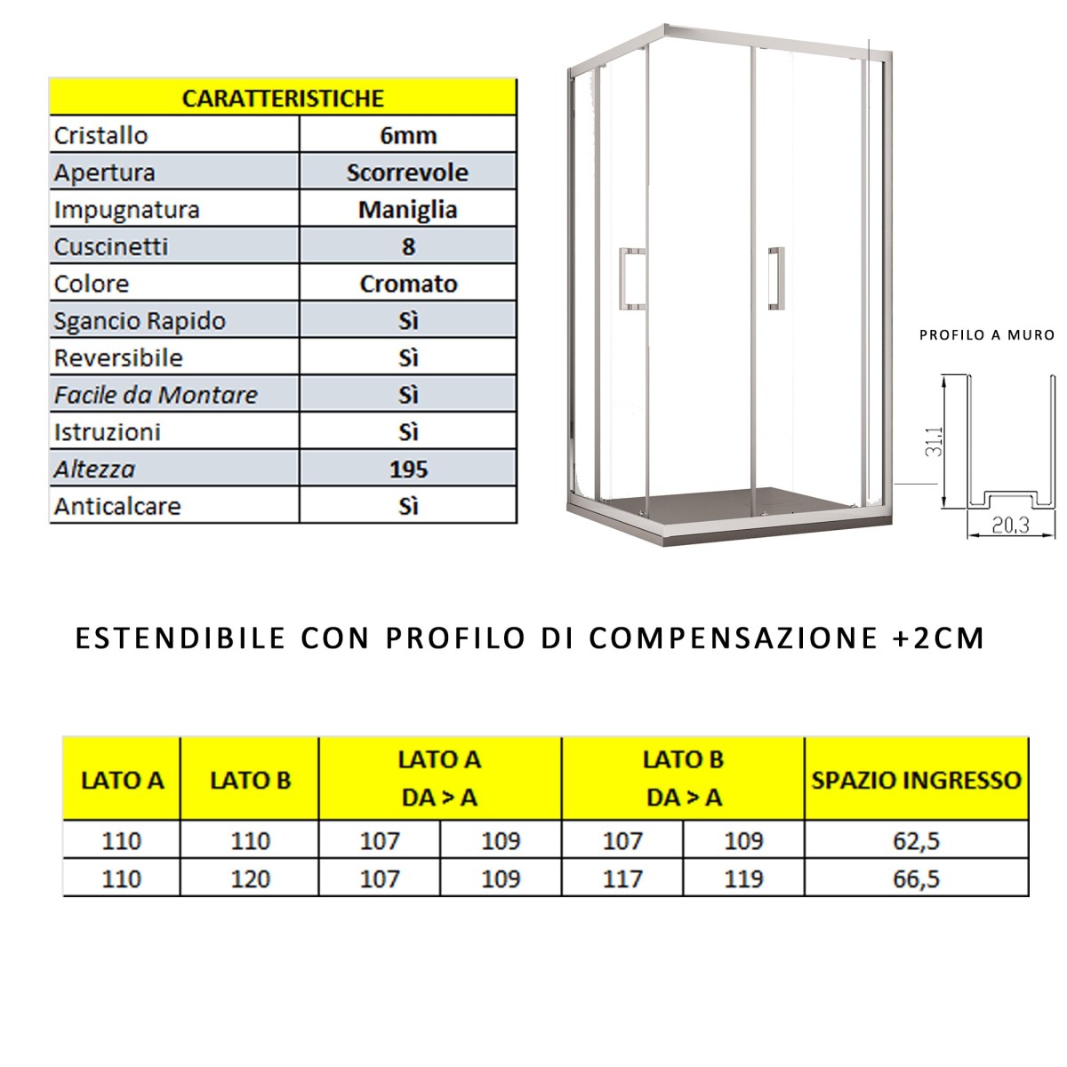 Box doccia 2 lati apertura scorrevole H195 anticalcare ADRY