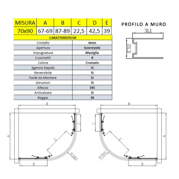 Box doccia semicircolare 70x90  90x70 altezza 195cm