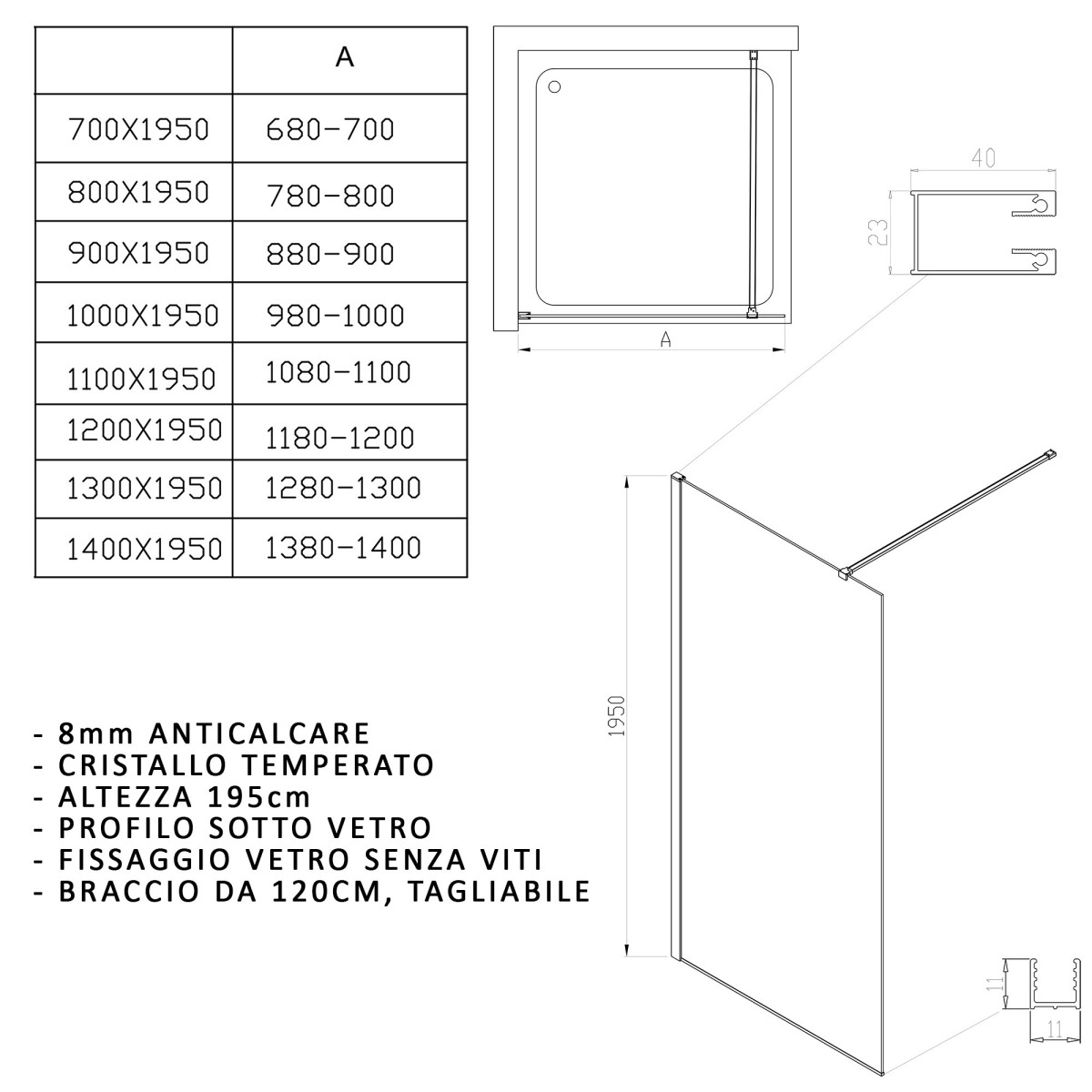 Box doccia Walk in con profili neri trasparente H195 OSIRIDE BLACK