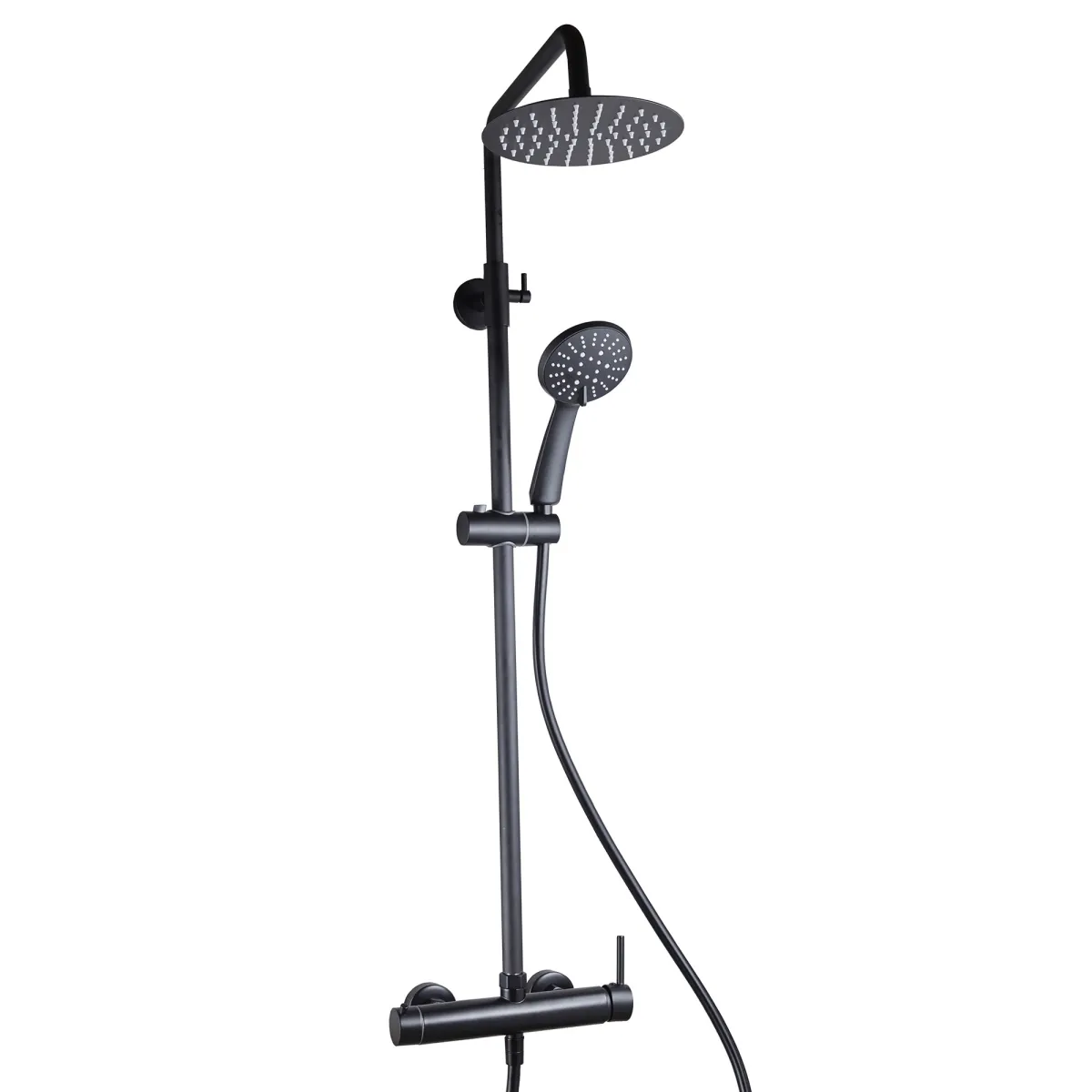 Schwarze Duschsäule mit schwarzem Duschkopf und Multifunktionshandbrause