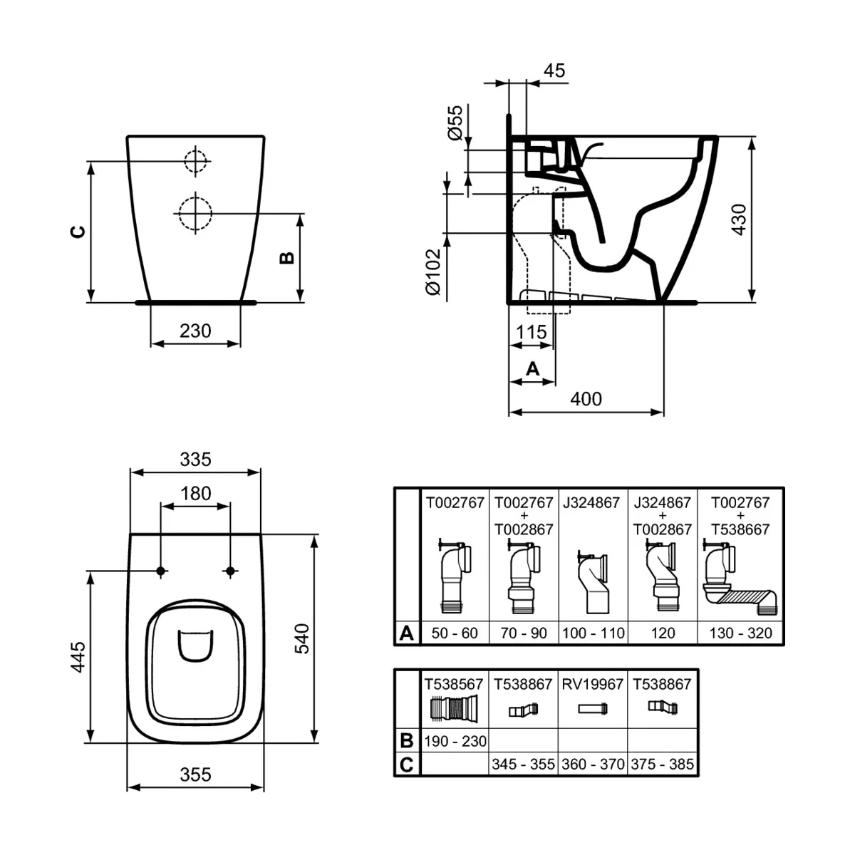 Wc filo muro LIFE B Ideal standard traslato T458101