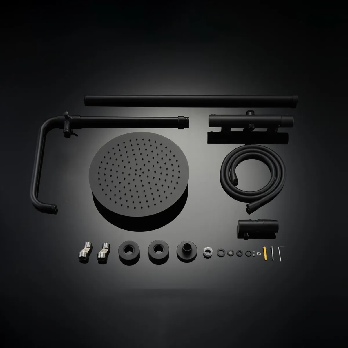 Schwarze Duschsäule mit 25 oder 30 Duschköpfen, Mischbatterie mit zwei Ausgängen, Thermostat und Handbrause | Piave Schwarz