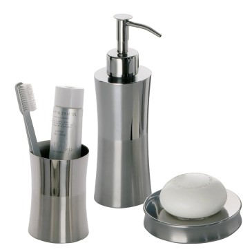 Ensemble d'accessoires de salle de bain en acier inoxydable brossé FIORE 3 pièces : porte-savon, brosses à dents et distributeur