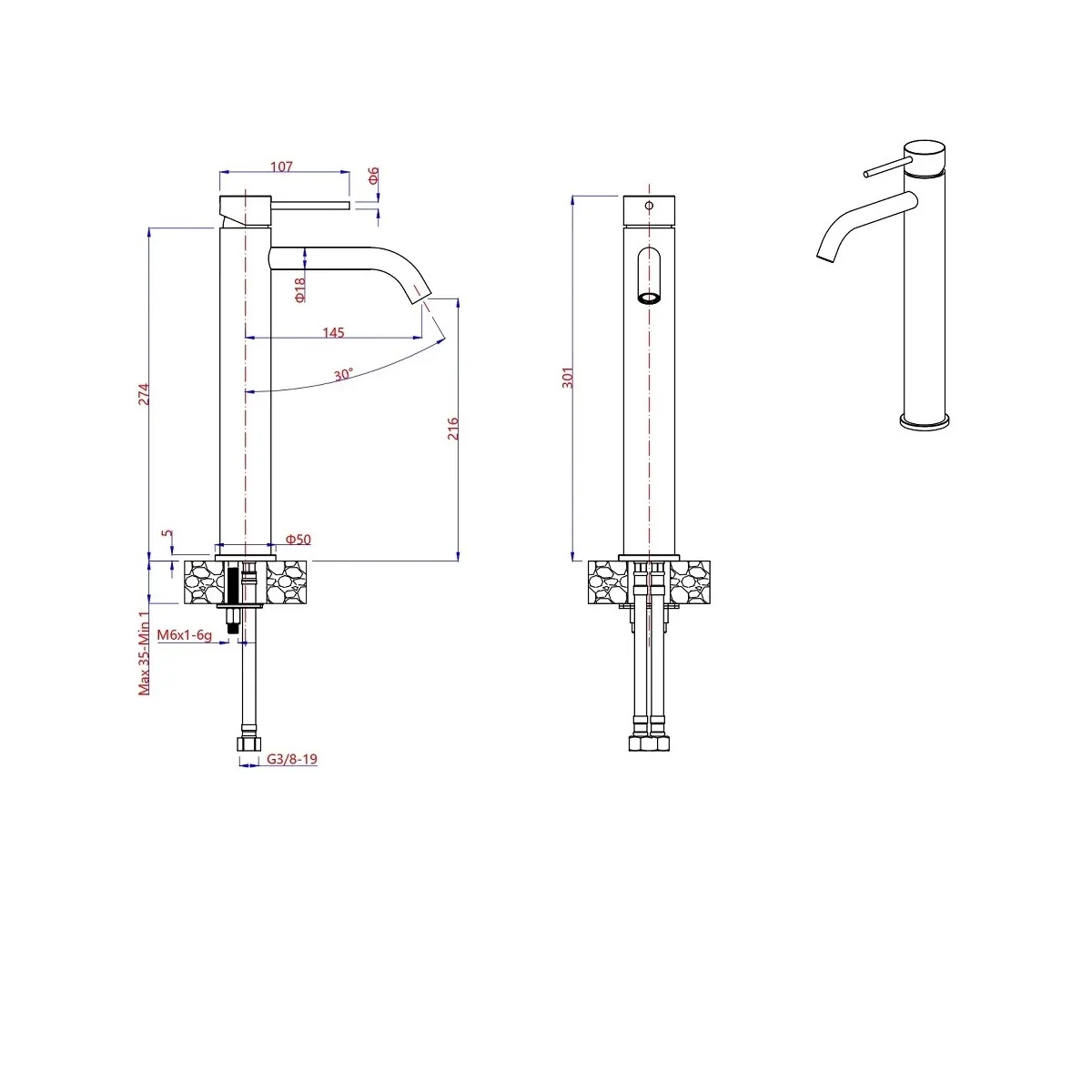 Rubinetto a canna Alta per Lavabo Acciaio Inox satinato H300  ESSENTIAL-X