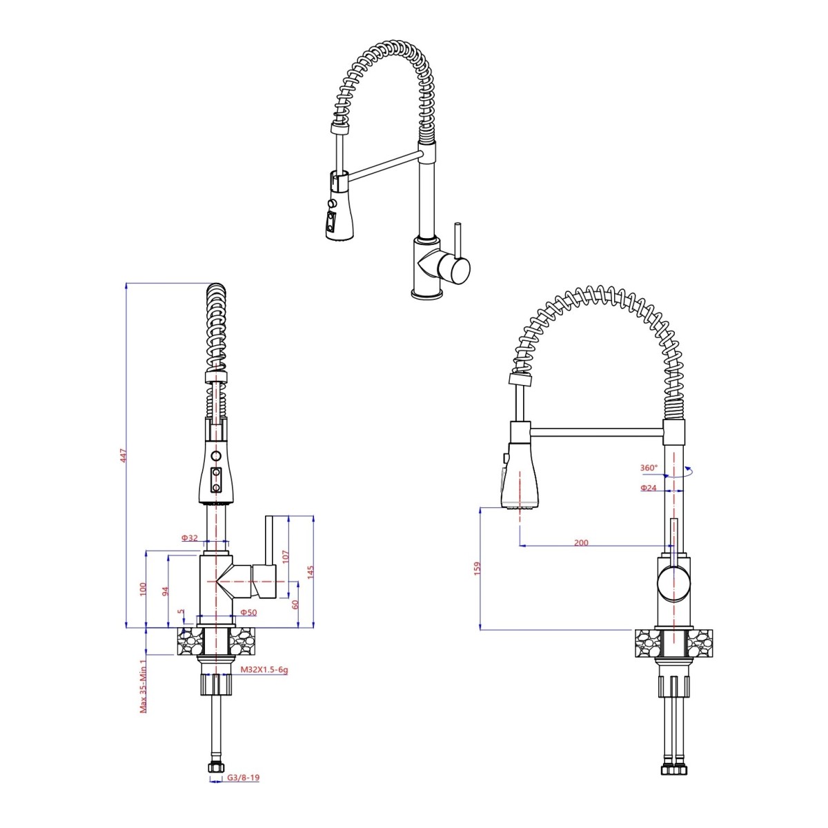 Robinet de cuisine en acier inoxydable avec douchette à ressort MEXMAX-24