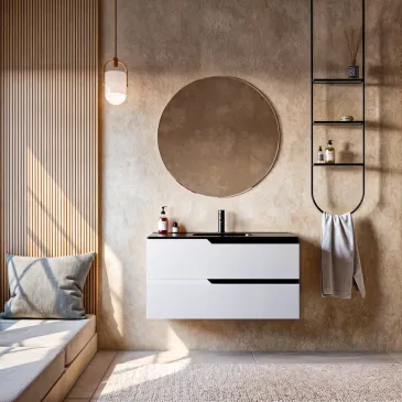 Hängender Badezimmerschrank 80 cm Weiß mit schwarzem Waschbecken