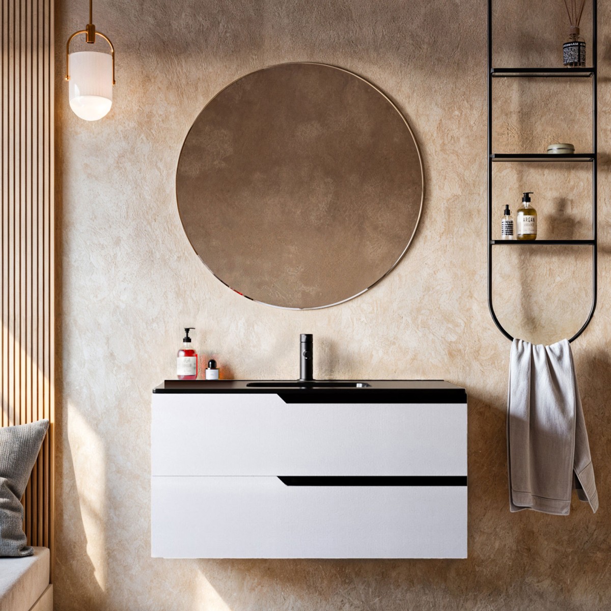 Mobile bagno sospeso 80cm Bianco con lavabo nero