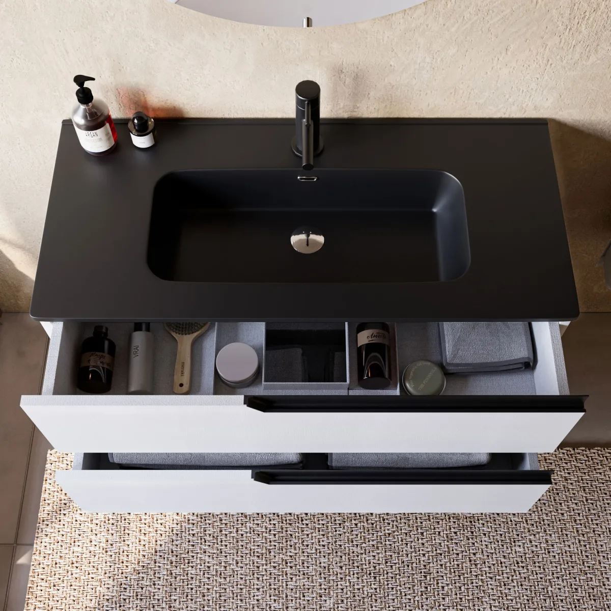 Mobile bagno 100cm Sospeso Bianco Porcellana Lavabo nero Opaco - JAGUAR