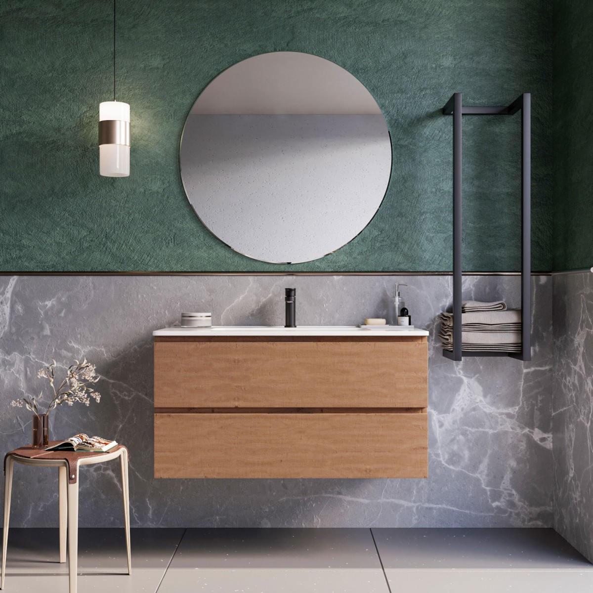 Meuble de salle de bain suspendu 80cm en bois naturel noué ARMONY
