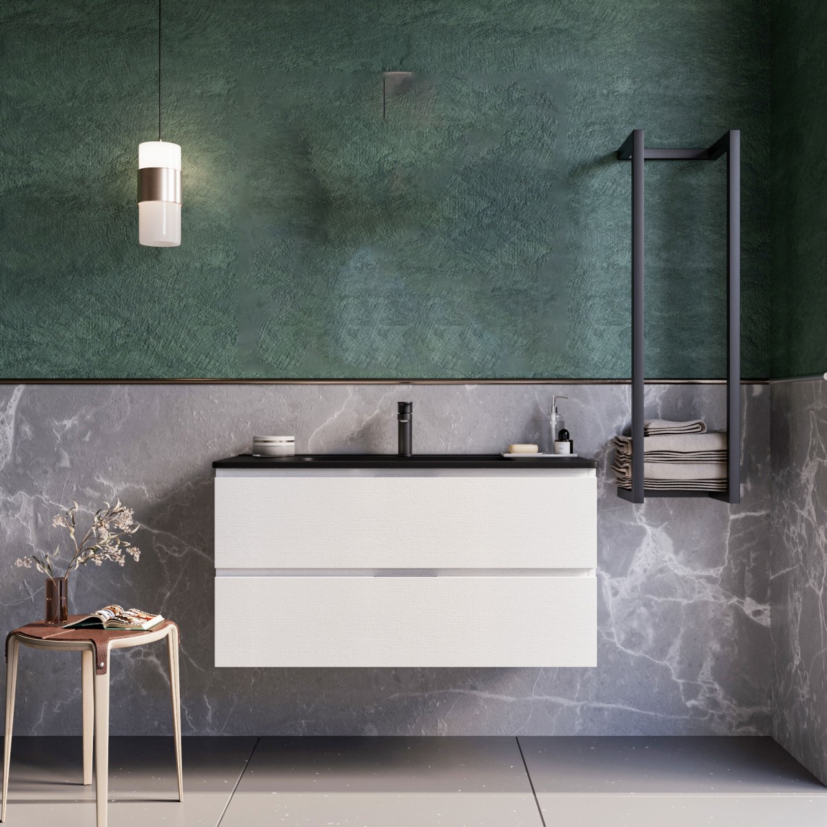 Mobile bagno sospeso 100cm bianco con lavandino nero ARMONY