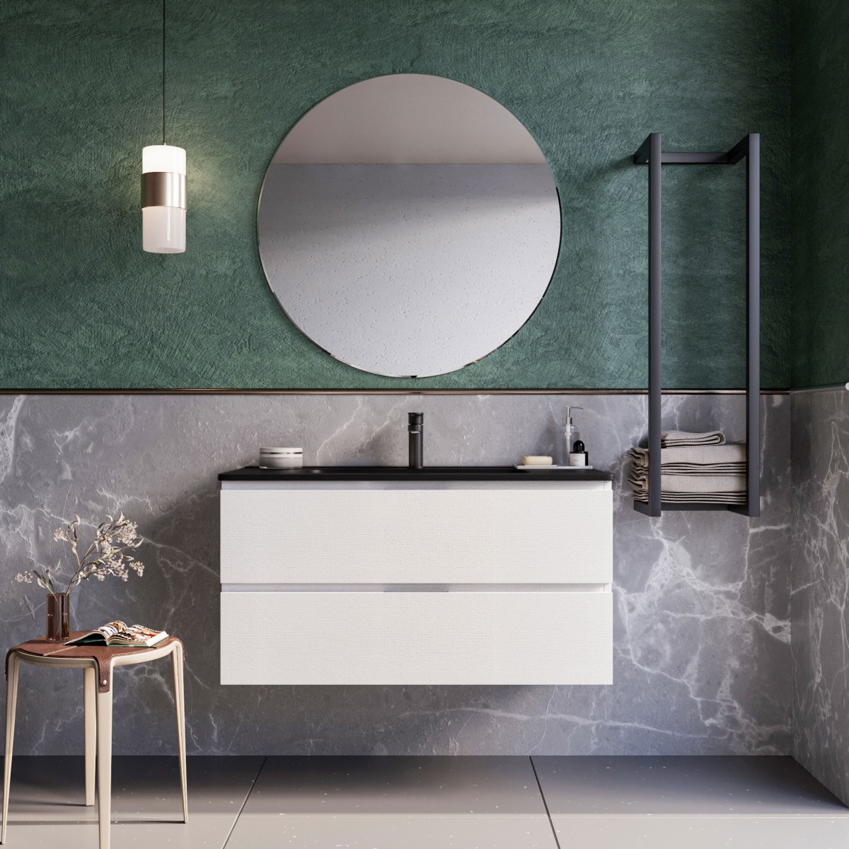 Meuble de salle de bain suspendu blanc 100 cm avec vasque ARMONY noire