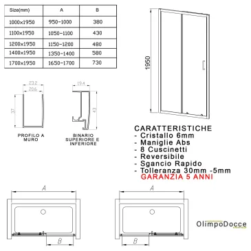 Porta doccia scorrevole 100 110 120 140 170 trasparente 6mm h195 MATIAS