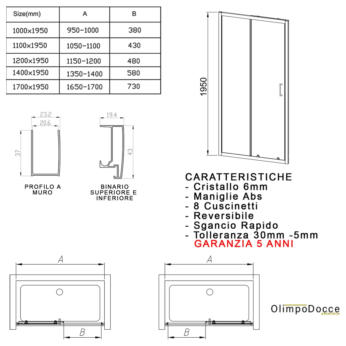 Porta doccia scorrevole 100 110 120 140 170 trasparente 6mm h195 MATIAS