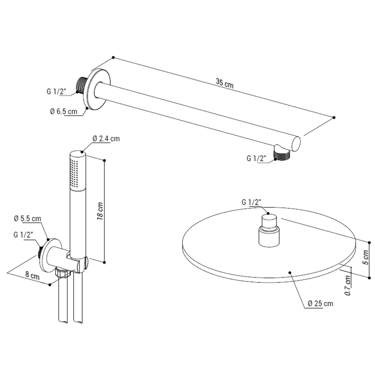 5-teiliges rundes Duschset mit 25 cm Duschkopf