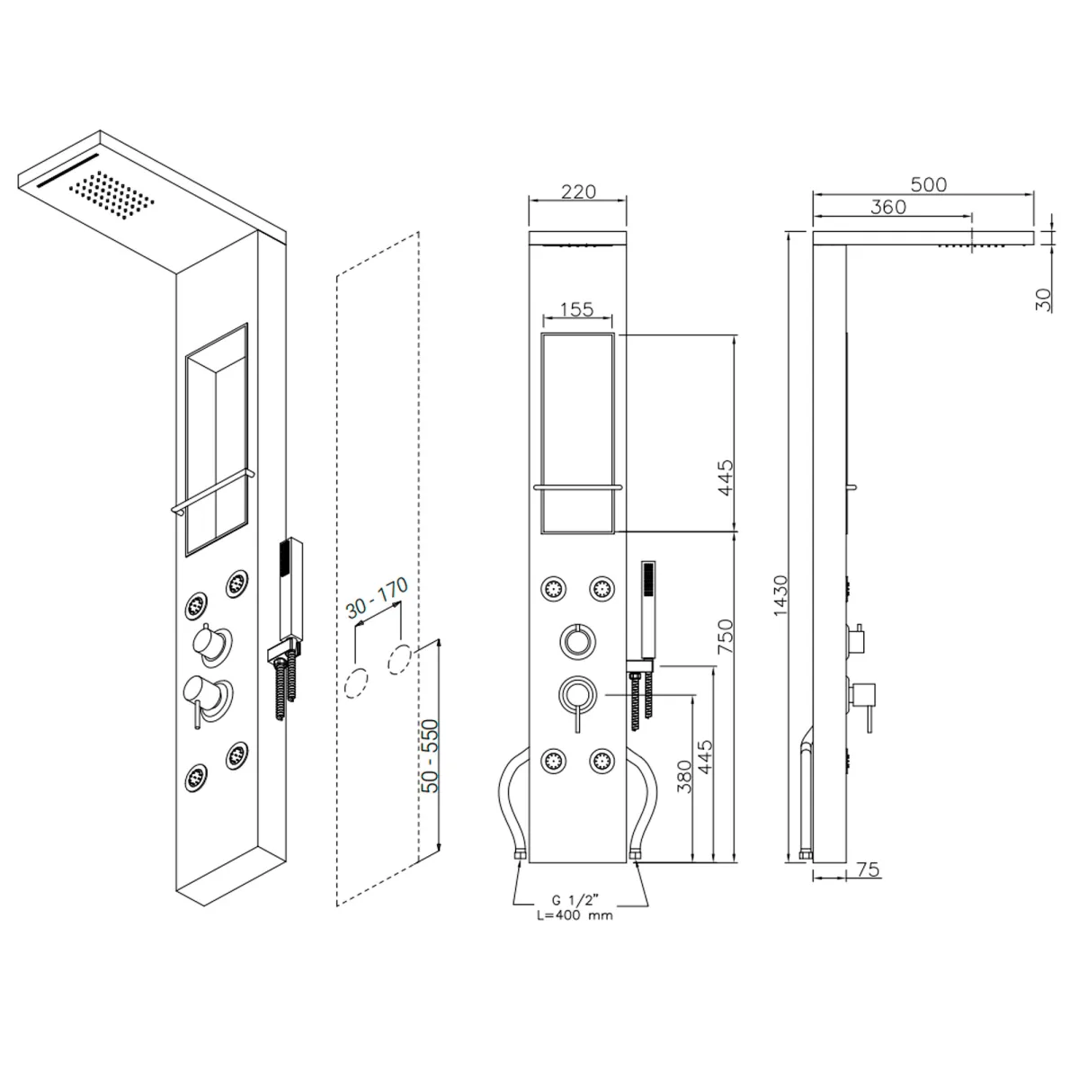 Panneau de douche cascade en acier inoxydable brossé CITY