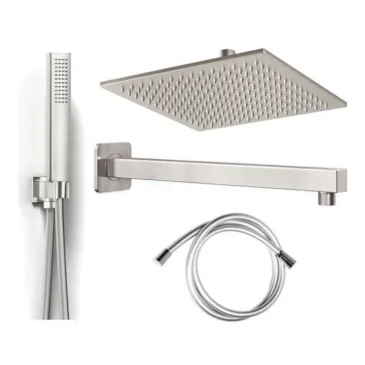 Kit de douche Satin 5 pièces comprenant : pommeau de douche, bras de douche 25x25, douchette et raccord d'eau avec flexible en s