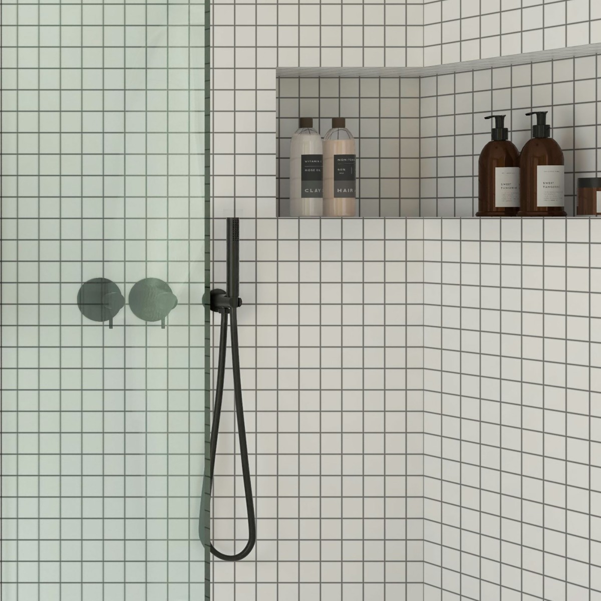 Ensemble pommeau de douche rond noir et support avec...