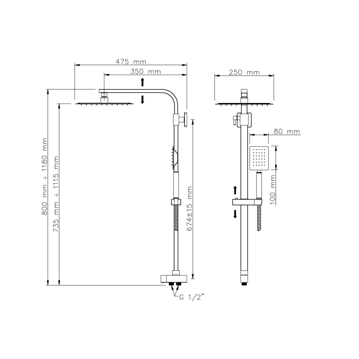 Satinierte Duschstange mit Duschkopf und Handbrause ohne Mischbatterie