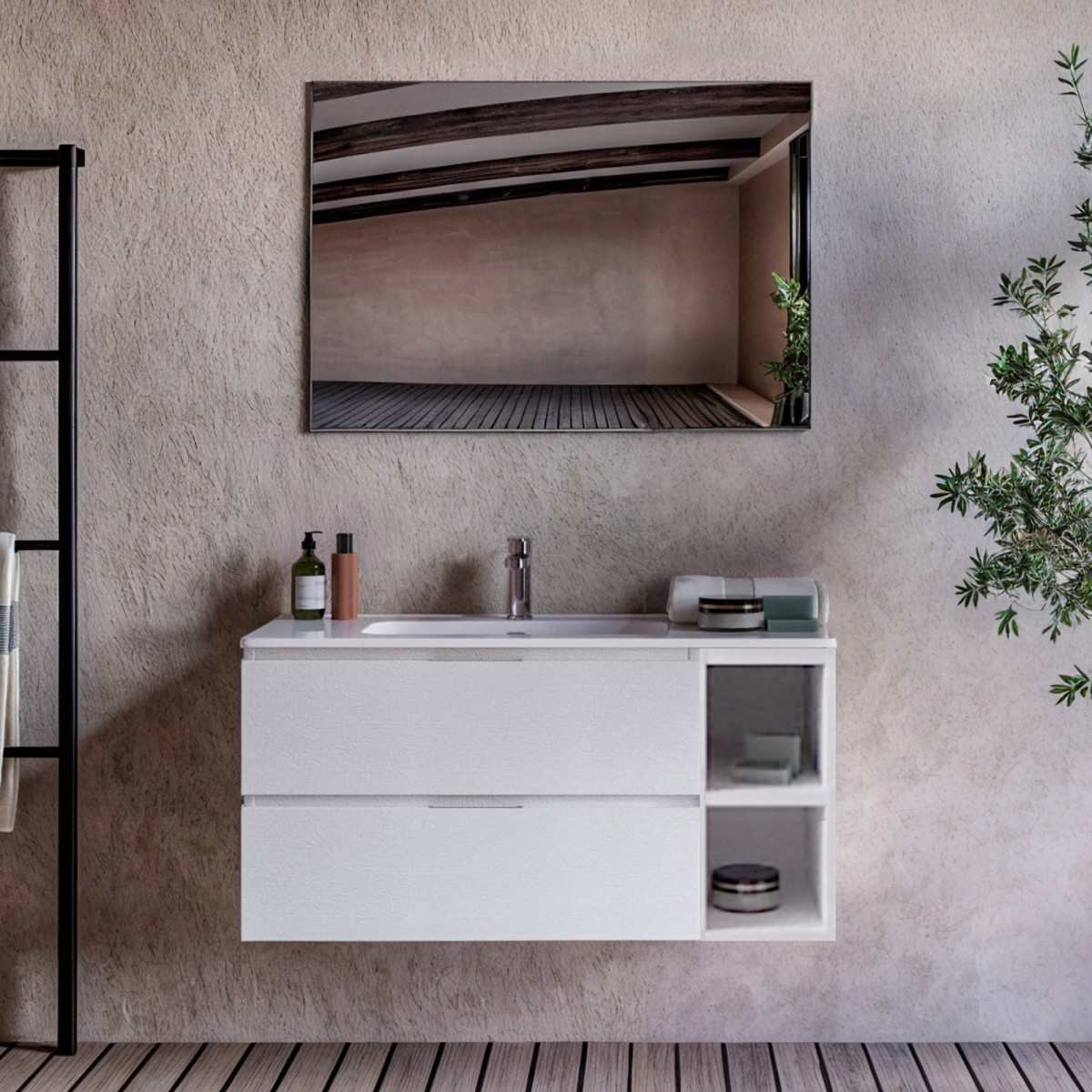 Mobile bagno sospeso bianco porcellana con vani a giorno A DESTRA 100cm 120cm ARMONY
