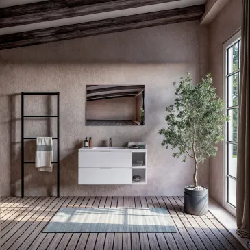 Weißer, wandhängender Badezimmerschrank aus Porzellan mit offenen Fächern RECHTS 100 cm 120 cm ARMONY