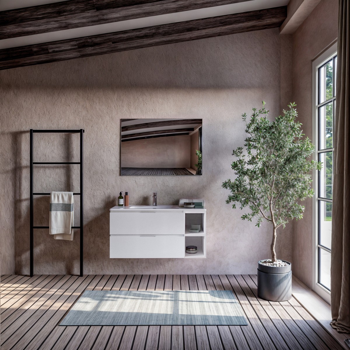 Meuble de salle de bains suspendu en porcelaine blanche...