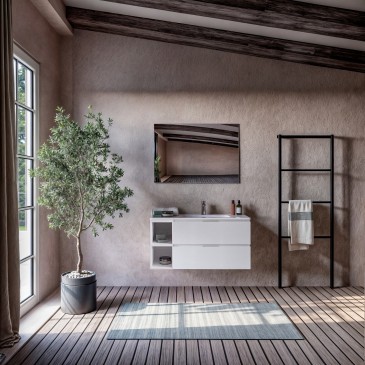 Meuble de salle de bains suspendu en porcelaine blanche avec compartiments ouverts, GAUCHE 100 120 cm ARMONY