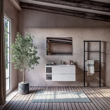 Weißer, wandhängender Badezimmerschrank aus Porzellan mit offenen Fächern, LINKS 100 120 cm, ARMONY