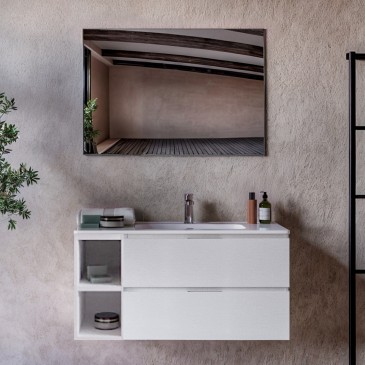 Meuble de salle de bains suspendu en porcelaine blanche avec compartiments ouverts, GAUCHE 100 120 cm ARMONY