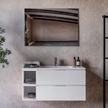 Meuble de salle de bains suspendu en porcelaine blanche avec compartiments ouverts, GAUCHE 100 120 cm ARMONY