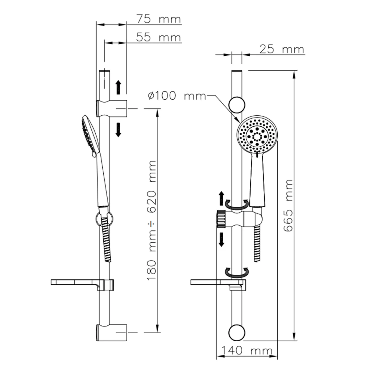 Barre de douche CAPRI en acier inoxydable chromé avec...