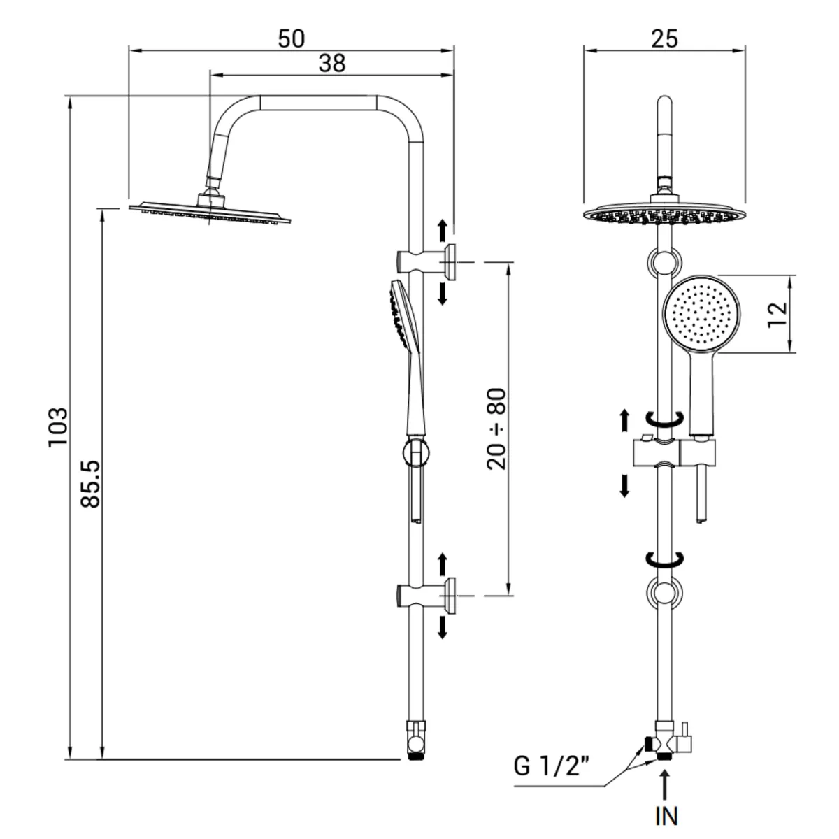 Moderne Duschsäule mit verchromtem ORION-Kopf und Handbrause