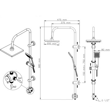 Barre de douche avec pommeau de douche 20x20 cm et douchette en acier et ABS