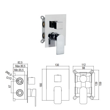 Ensemble de douche encastré 5 pièces, mitigeur, pommeau de douche 25x25, bras de douche, douchette flexible Alpha