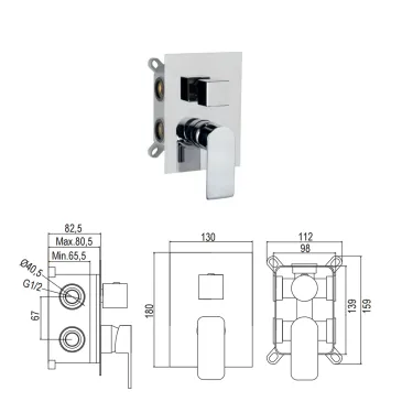 Ensemble de douche encastré 5 pièces, mitigeur, pommeau de douche 25x25, bras de douche, douchette flexible Alpha