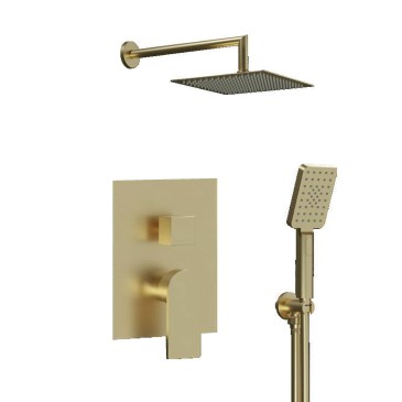 Ensemble de douche 5 pièces en PVC doré, comprenant une douchette 3 fonctions, un mitigeur et une pomme de douche Alpha.