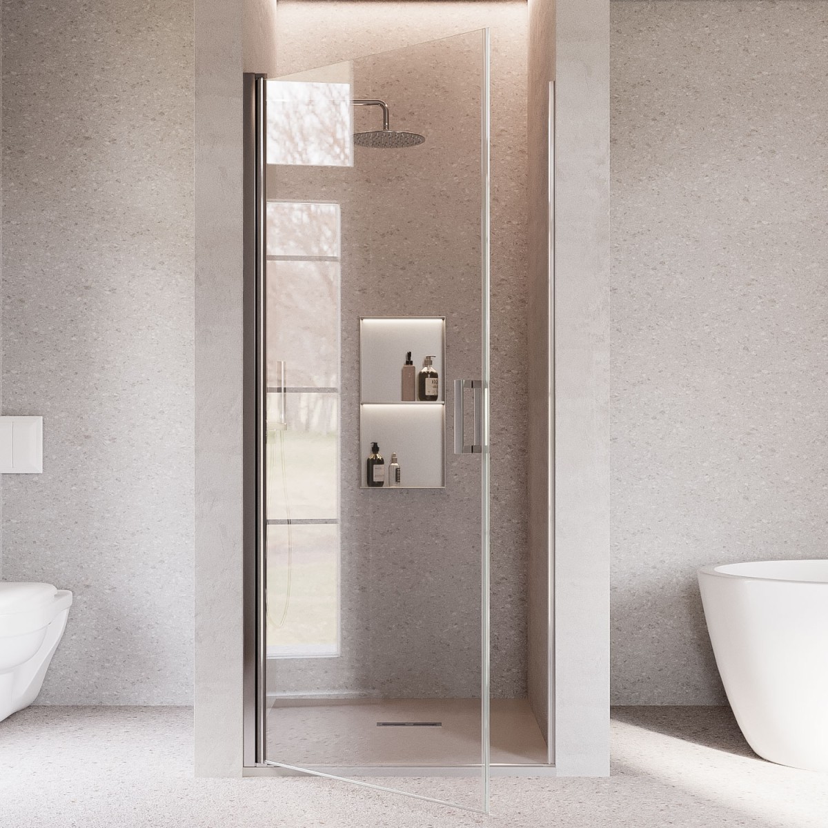 Porte de douche battante pour niche, H195cm, traitement...