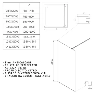Walk-In-Duschwand 120 cm, 8 mm Antikalkglas, transparent, H200, satinierte Goldprofile