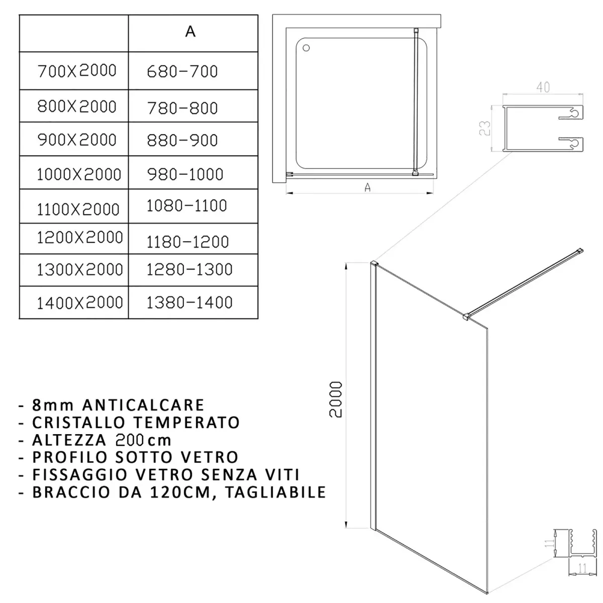 Walk-In-Duschwand 90 cm, 8 mm Antikalkglas, transparent, H200, satinierte Goldprofile