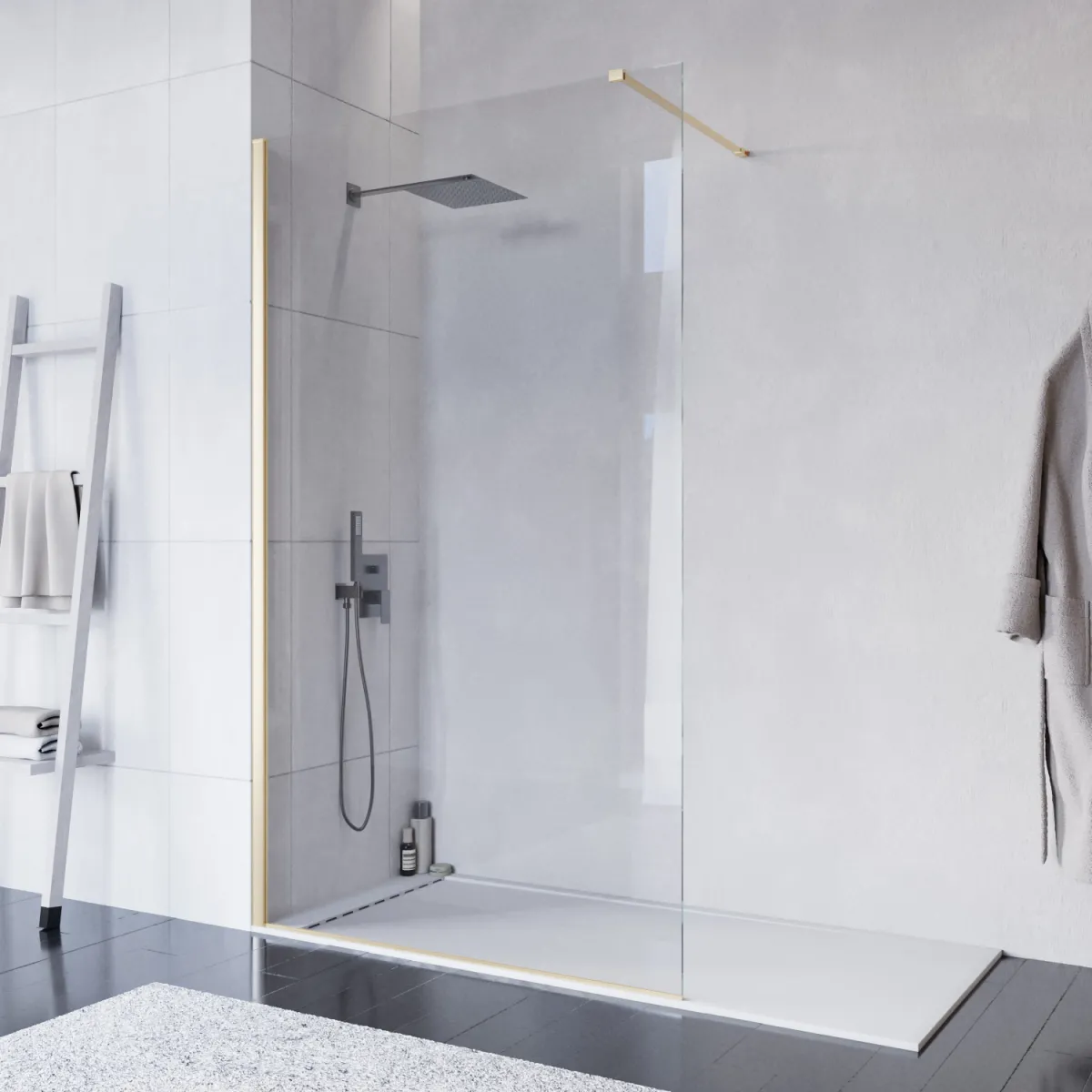 Paroi de Douche à l'Italienne 80 cm Verre 8mm Anticalcaire Transparent H200 Profilés Or Satiné