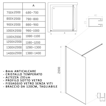 Walk-In Duschwand 100cm 8mm Antikalkglas Transparent H200 Schwarze Profile