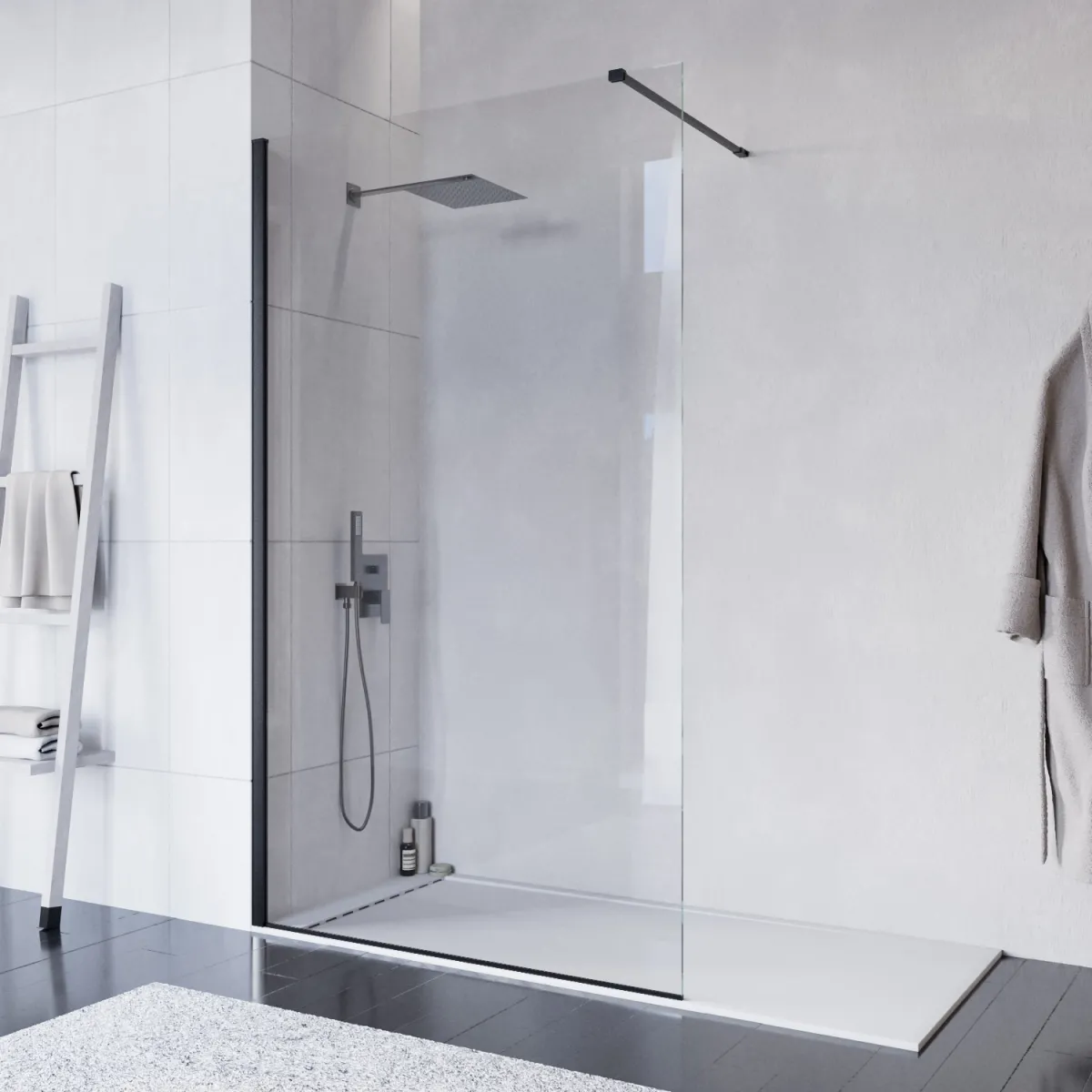 Walk-In Duschwand 120cm 8mm Antikalkglas Transparent H200 Schwarze Profile