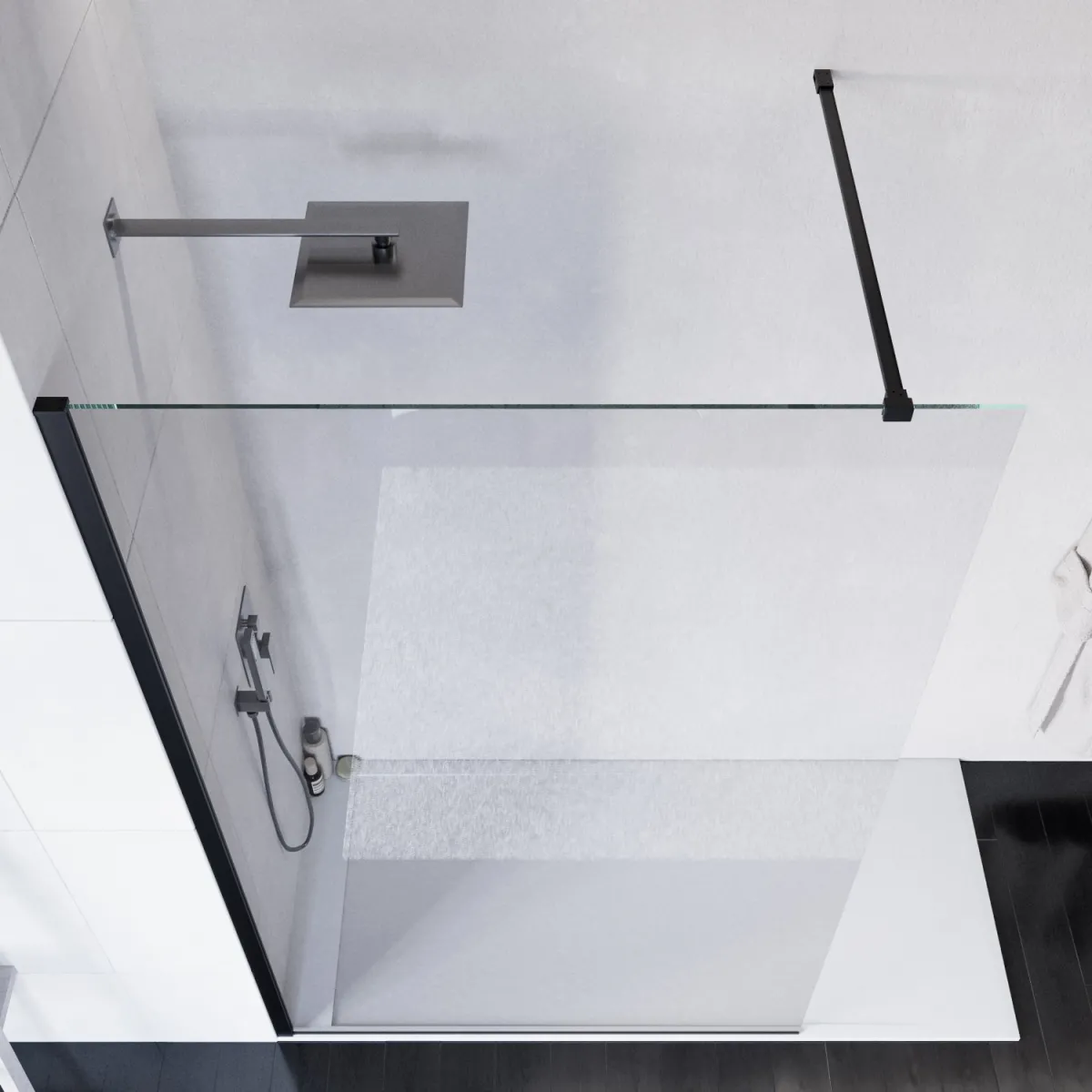 Walk-In Duschwand 120cm 8mm Antikalkglas Transparent H200 Schwarze Profile