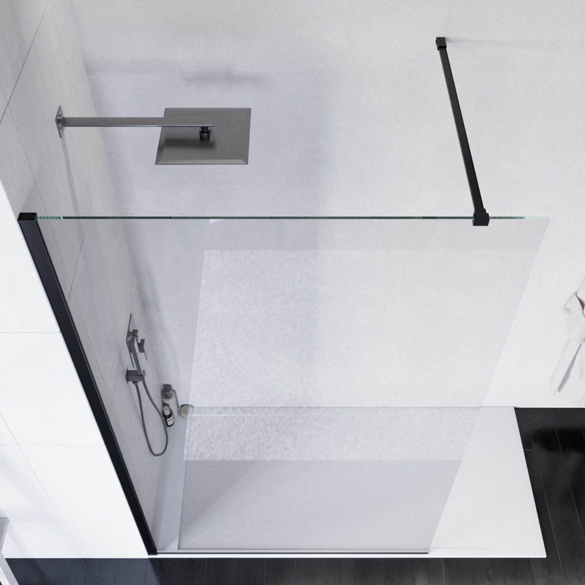 Walk-In Duschwand 80cm 8mm Antikalkglas Transparent H200 Schwarze Profile