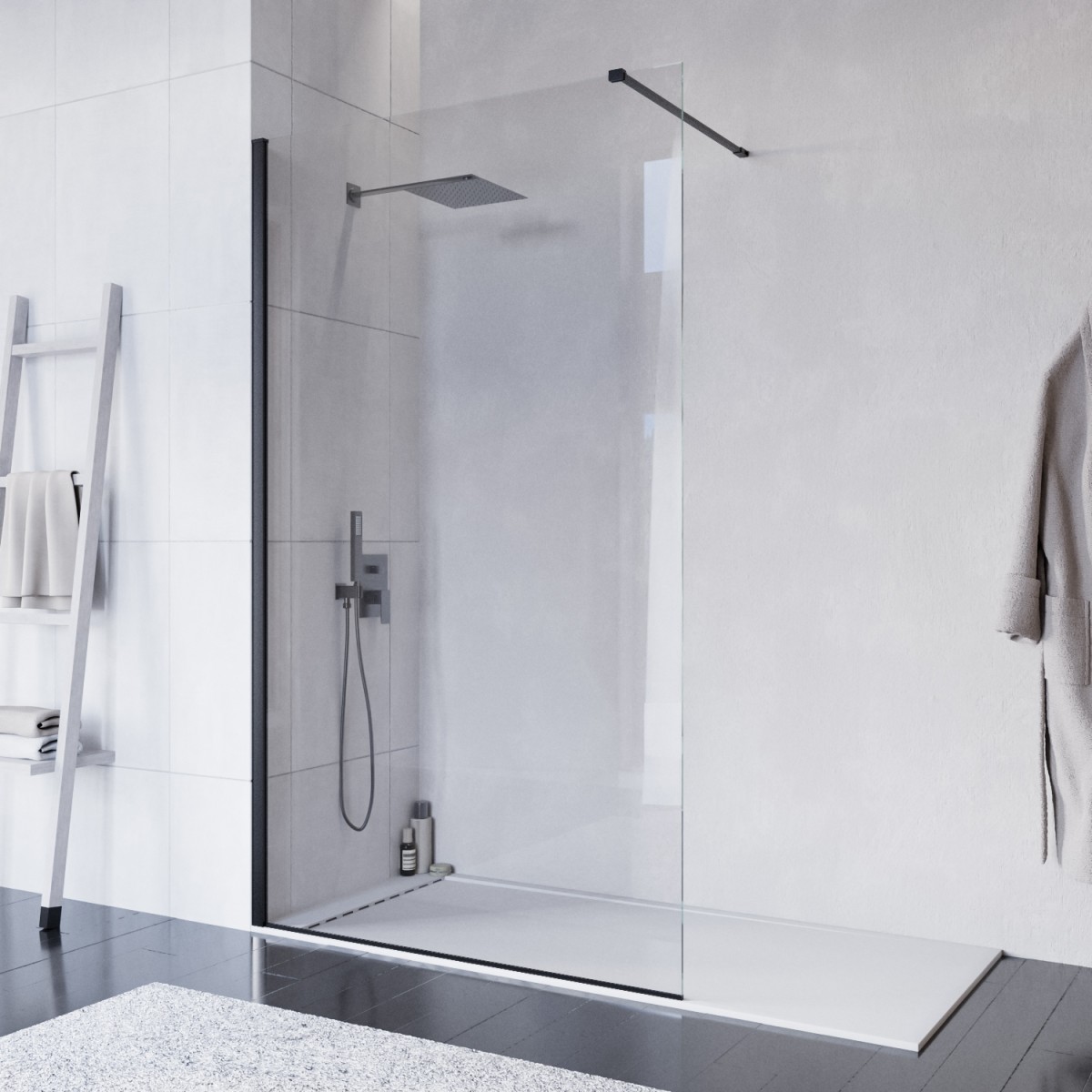 Walk-In Duschwand 80cm 8mm Antikalkglas Transparent H200 Schwarze Profile
