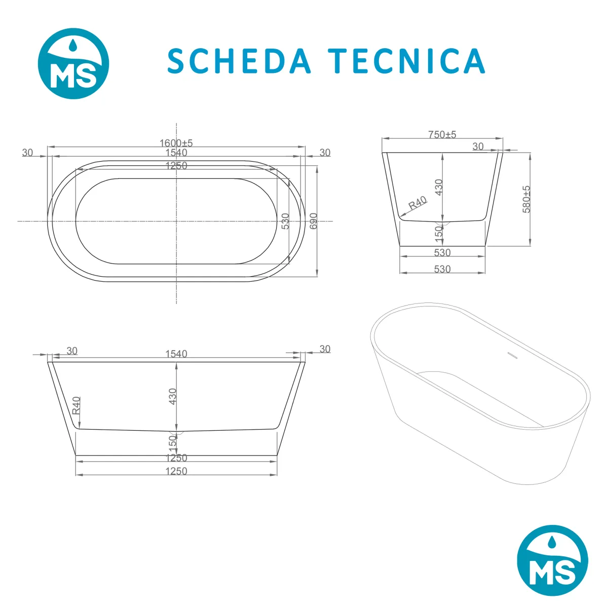 Freistehende Badewanne in glänzendem Weiß 160x75 RIVER
