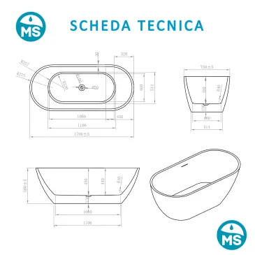 Freistehende Badewanne Glänzend weiß 170x75 MOON